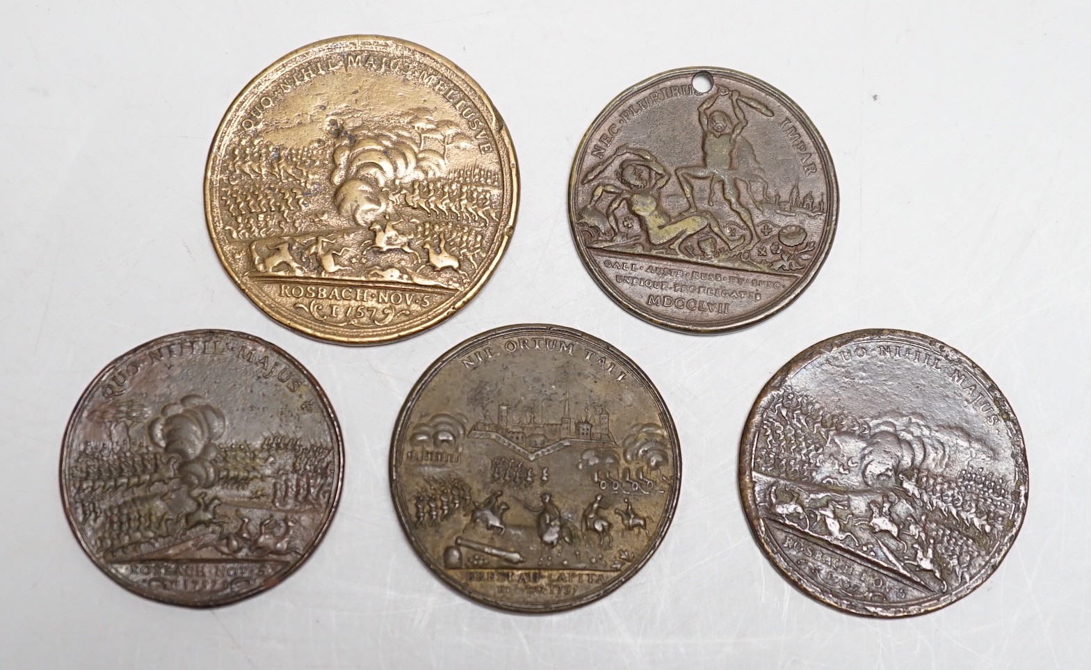 Five 18th century Prussia commemorative medals – a Frederick bronze medal 1757 (holed), three Battle of Rosbach and Lissa bronze medals 1757 and a Capture of Breslaw bronze medal 1757